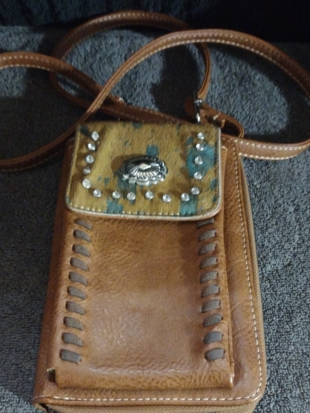 American Bling Leather Crossbody Phone Bag, Wallet with Studded Flap - Brown